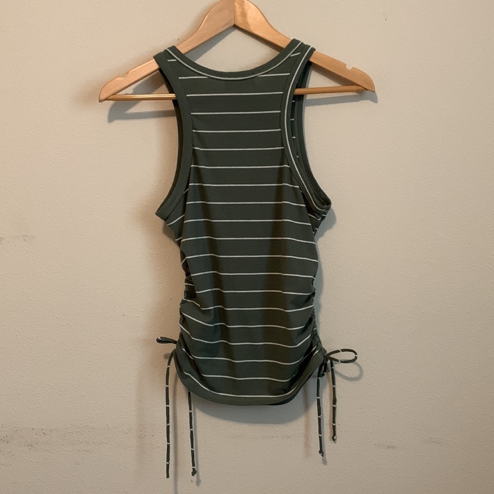 Green & White Stripe Tank Top With Rouching Details On The Side Size Large - Picture 3 of 7